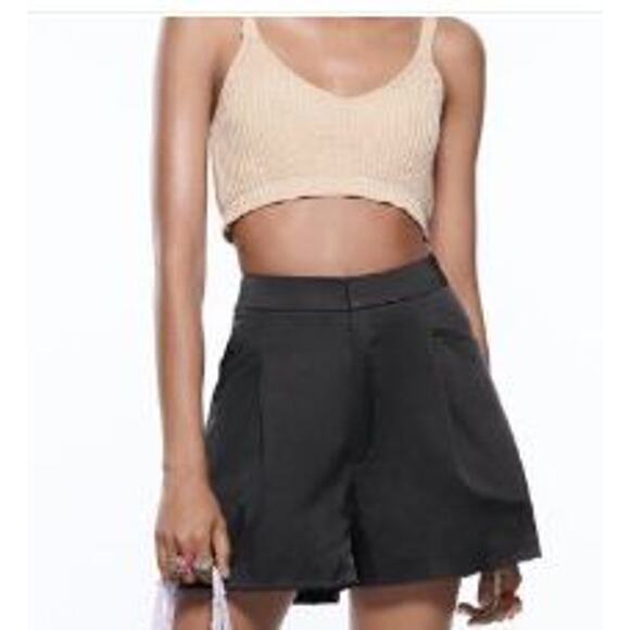 Zara Womens Size Small Flared Satin Shorts Brown Cotton Blend Pleated Pockets - Picture 1 of 8